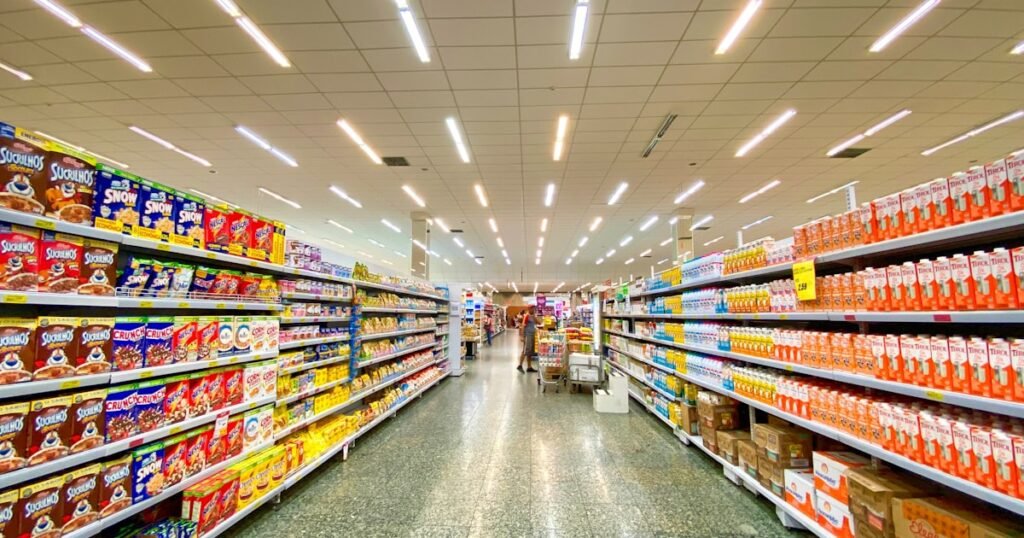 Supermarket aisle with groceries