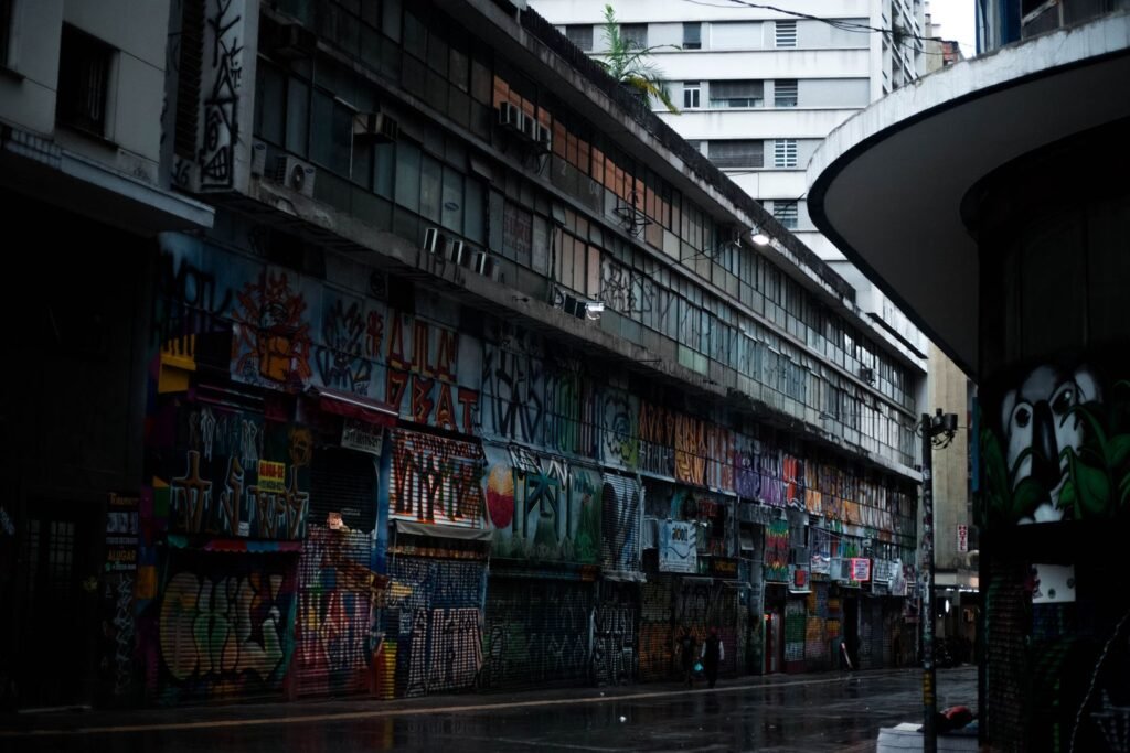 Colourful street art filling a city alley
