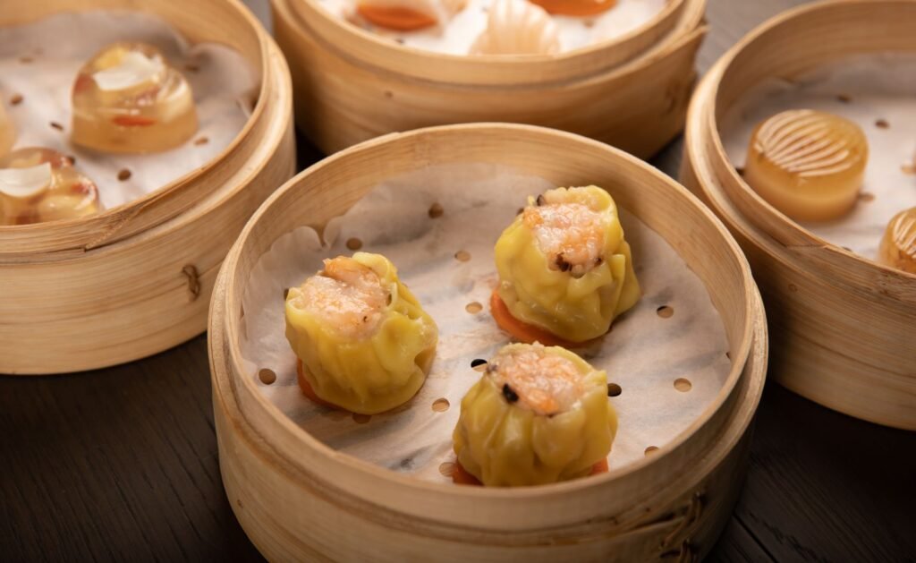 Assorted dim sum in bamboo steamers