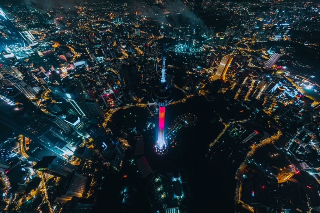 The Kuala Lumpur skyline seen from high up at night